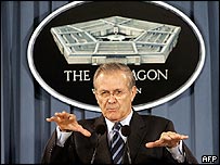 Booga Booga! AFP photo of Donald Rumsfeld holding his hands out.