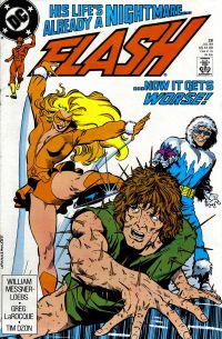 Flash v.2 #28: Flash on the ground, covered with spines, in rags, with Golden Glider preparing to slice his neck off with her bladed boot