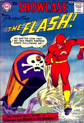 Showcase 13 Cover: Flash vs. the Pirate Torpedo Showcase #13: The Flash runs across the water from a torpedo with a pirate flag on front. 'No matter how fast I go---this pirate torpedo keeps following me!'