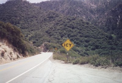 Warning sign by road: Icy.  Everything’s green.
